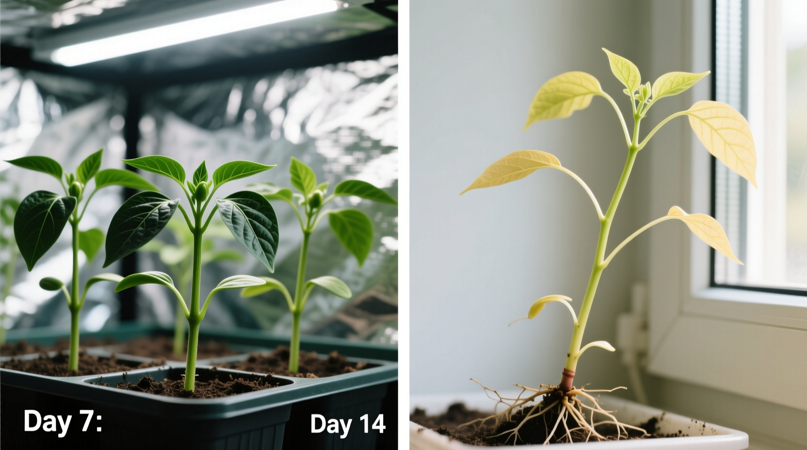 Side-by-side time-lapse comparison: 14-day-old pepper seedlings in a reflective grow tent under 6500K LED (compact, dark green, sturdy stems) versus same-age seedlings in a sunroom corner (leggy, pale, leaning toward window with thin stems).