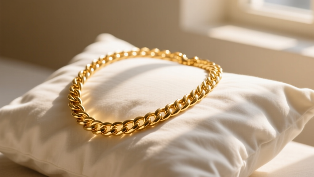 Close-up of a delicate 18-inch 14k gold cable chain necklace resting on a soft white linen pillow in warm morning sunlight.