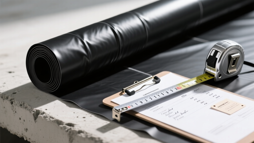 Black EPDM waterproof lining material unrolled over prepared concrete beside a measuring tape and a contractor pricing clipboard