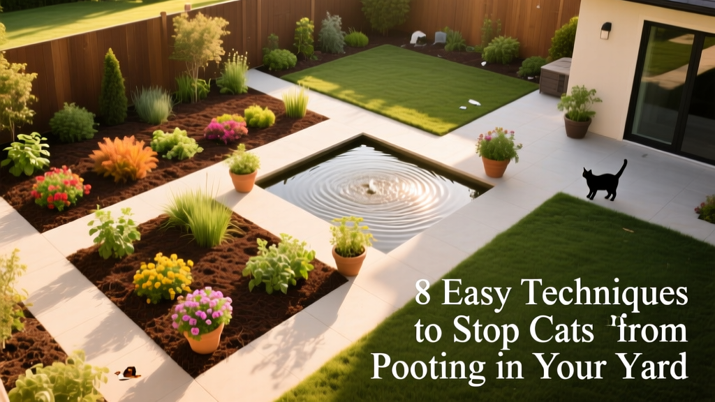 Aerial view of a tidy backyard with mulch beds, potted plants, and a small water feature—no visible cat waste