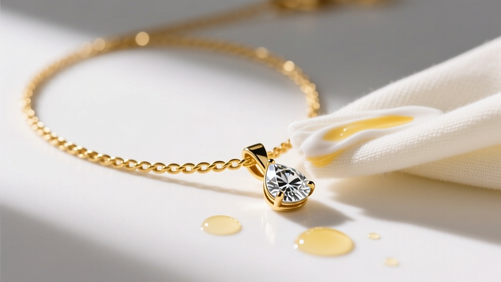 14k solid gold lariat necklace with a pear-cut diamond pendant, being wiped with a microfiber cloth to remove sunscreen residue
