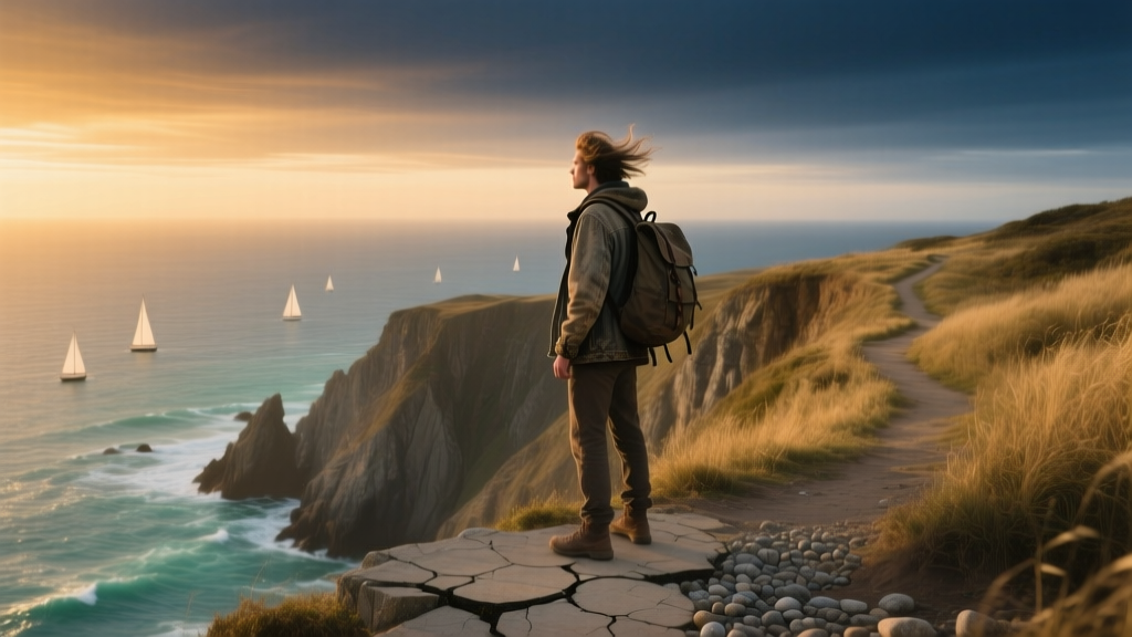 A solo traveler standing on the edge of a cliff looking in the distance