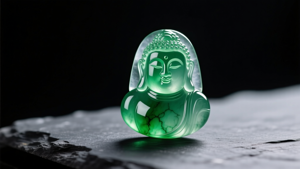 Macro shot of a translucent imperial green jadeite Buddha pendant on dark slate, illuminated by soft directional studio lighting