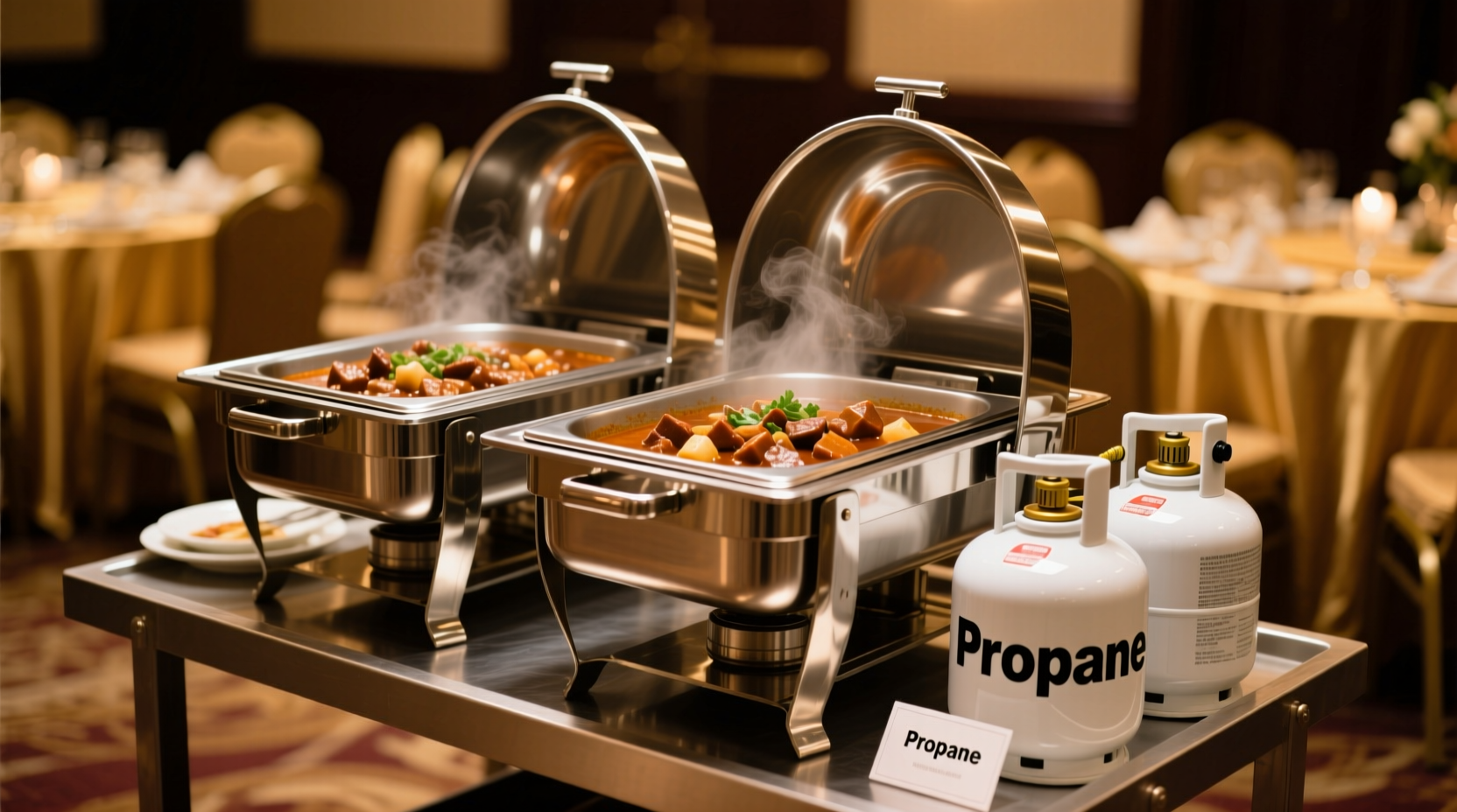 Chafing dish setup with fuel cans at buffet