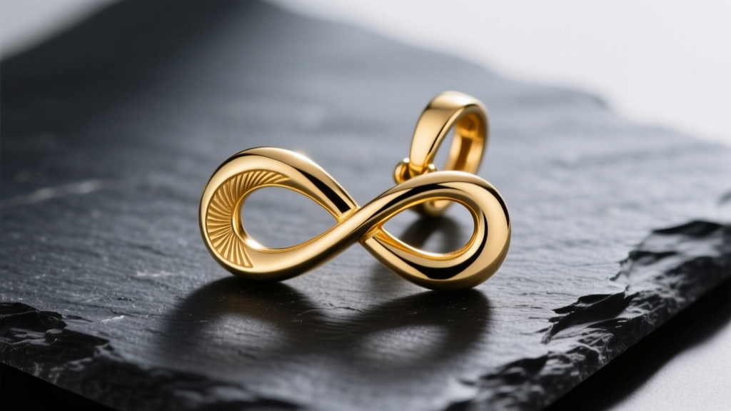 Macro shot of a 14k yellow gold infinity pendant on dark slate, highlighting the polished metal grain and a secure lobster clasp.