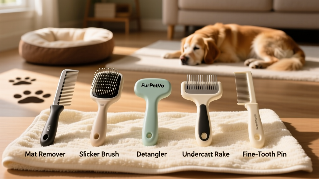 Side-by-side comparison of five FurPetVo combs laid out on a clean grooming towel, labeled by use case