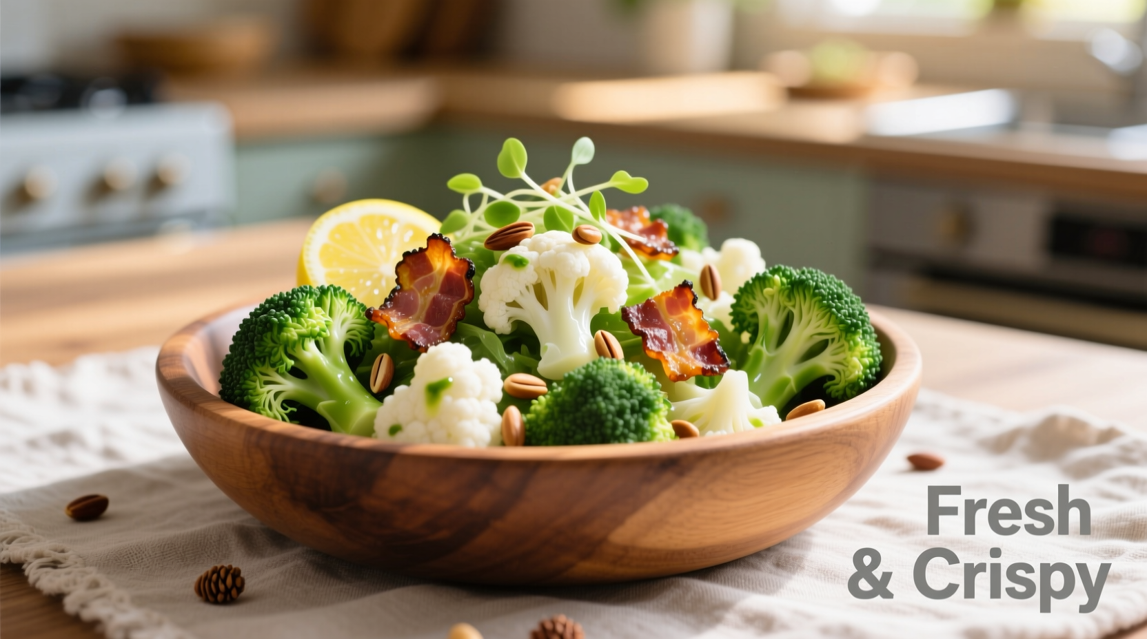 Fresh broccoli and cauliflower salad with crispy bacon pieces