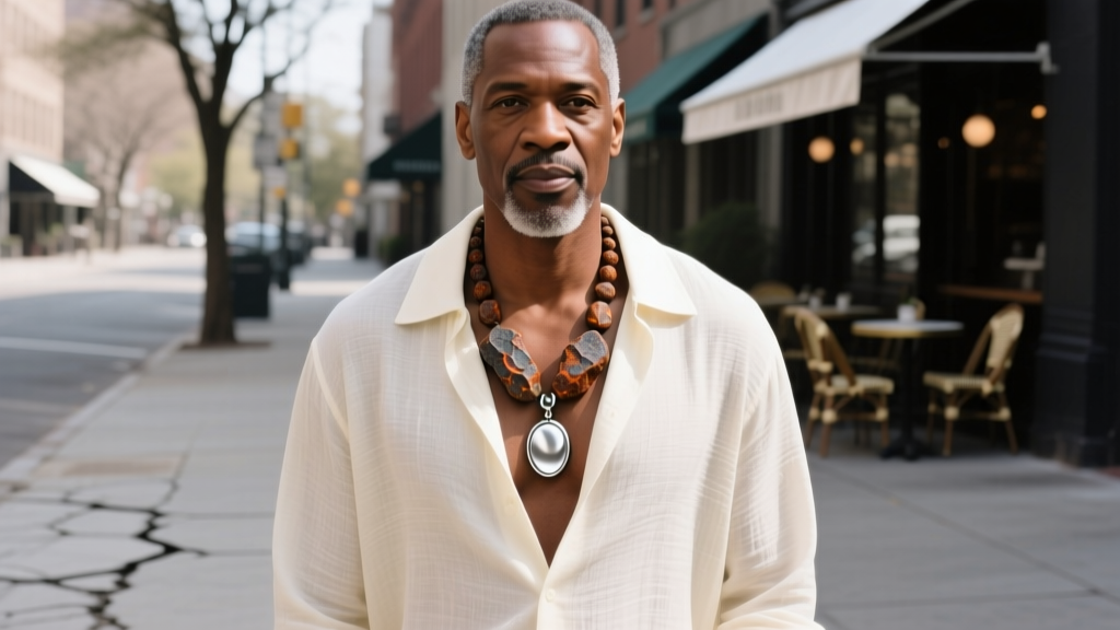 Street portrait of a man in an open cream camp-collar shirt wearing a 32-inch lava rock monk necklace and silver pendant layer
