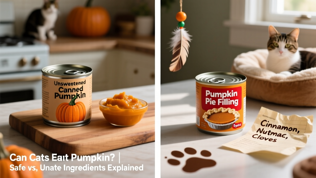 Side-by-side comparison: unsweetened canned pumpkin (safe) vs. pumpkin pie filling (unsafe)