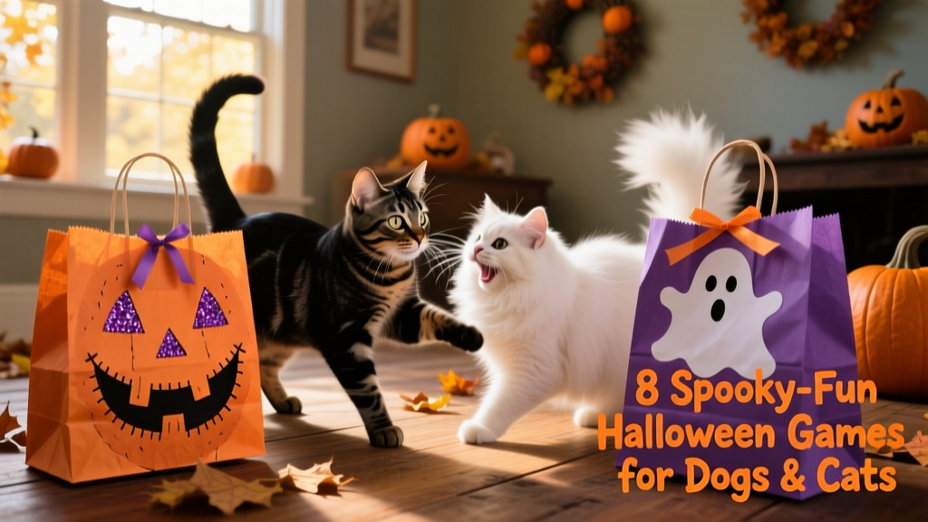 Two curious cats playing inside and around decorated paper bags shaped like pumpkins and ghosts
