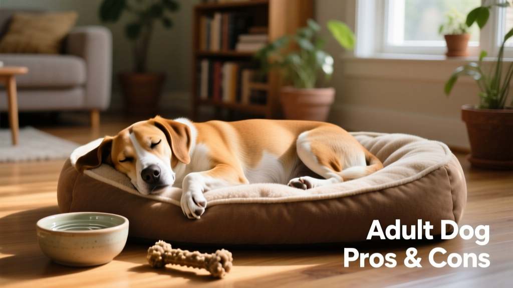 A relaxed adult dog resting on a cozy dog bed beside a water bowl and chew toy, showing signs of comfort and settled behavior