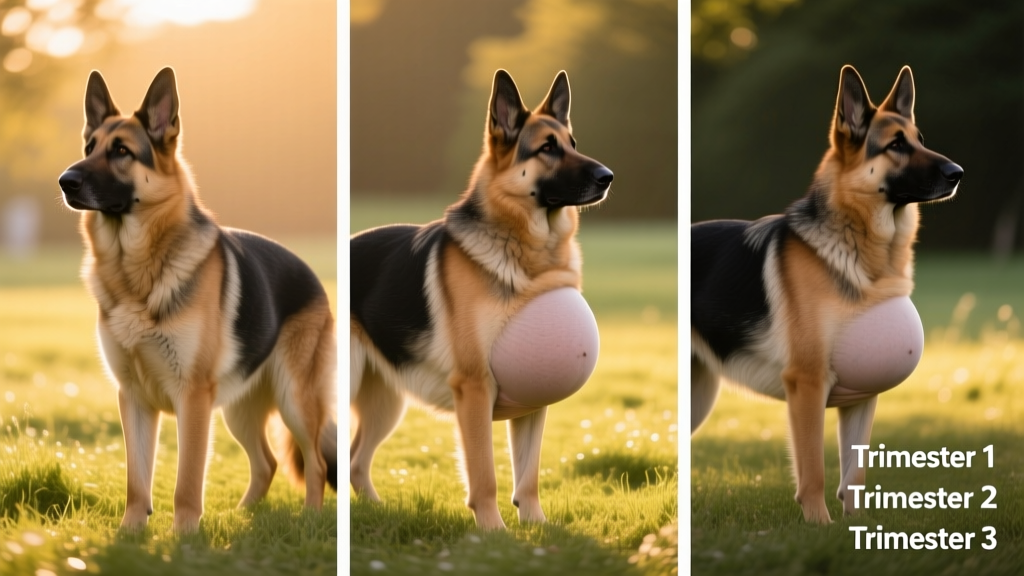 Side-by-side comparison showing healthy weight gain progression in a pregnant German Shepherd across trimesters