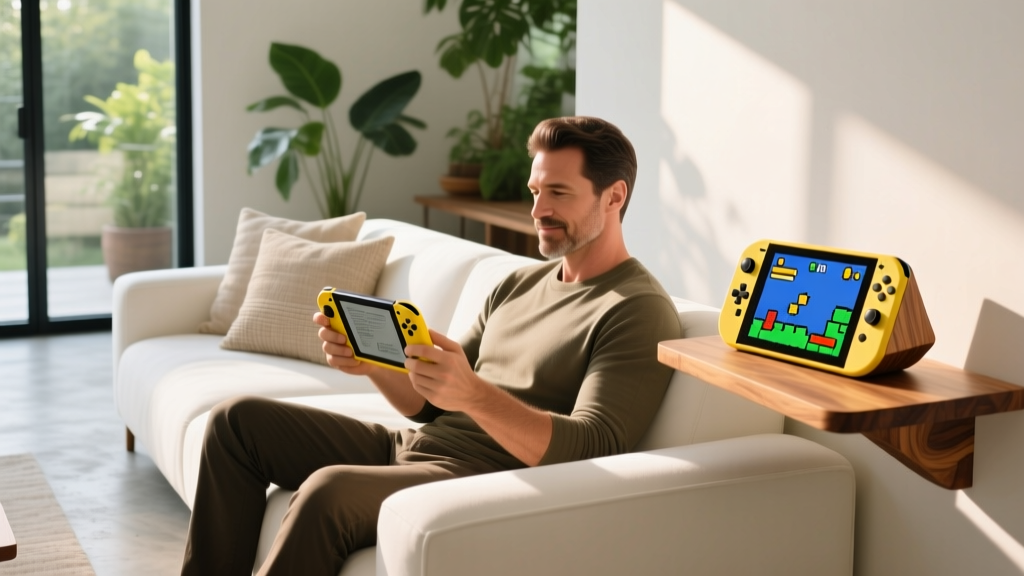 Man relaxing in a sunlit living room playing a handheld e-ink gaming console made of recycled yellow plastic with a solar speaker nearby