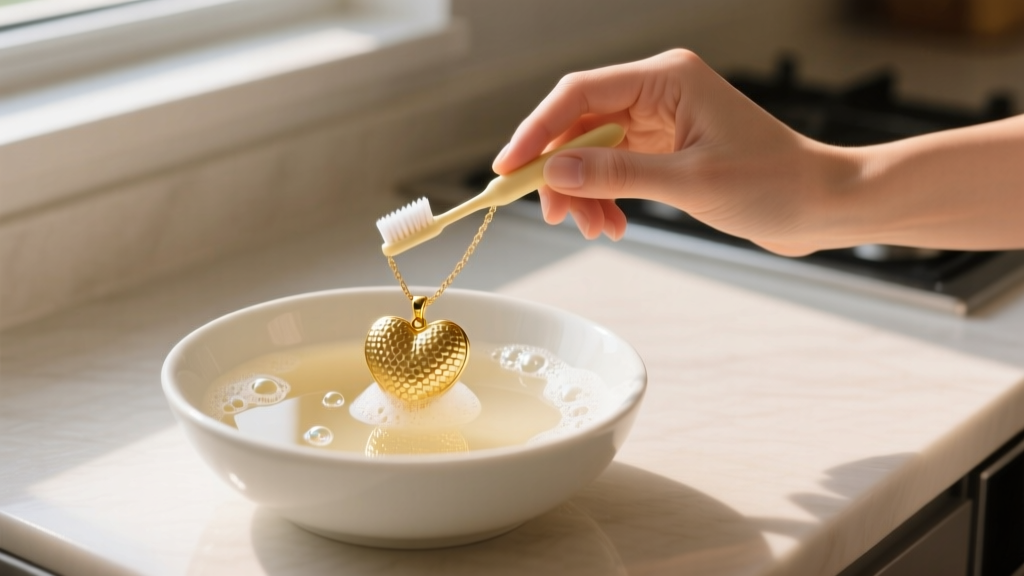 A woman gently brushing a gold puffed heart pendant with a soft baby toothbrush over a ceramic bowl filled with warm soapy water