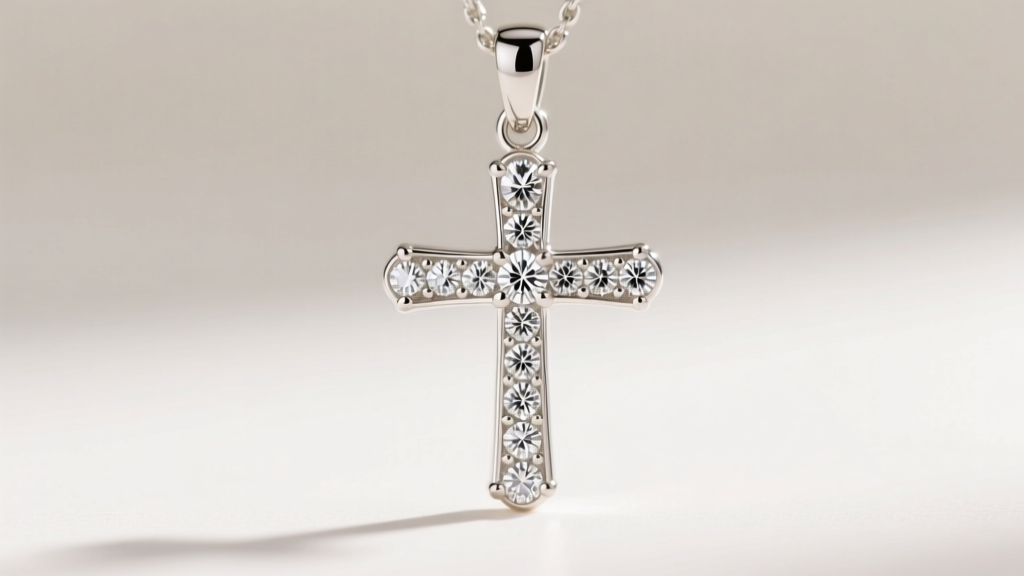 Macro shot of a 3-inch 18k white gold cross pendant with VVS clarity round brilliant diamonds set in a micro-pave halo design.