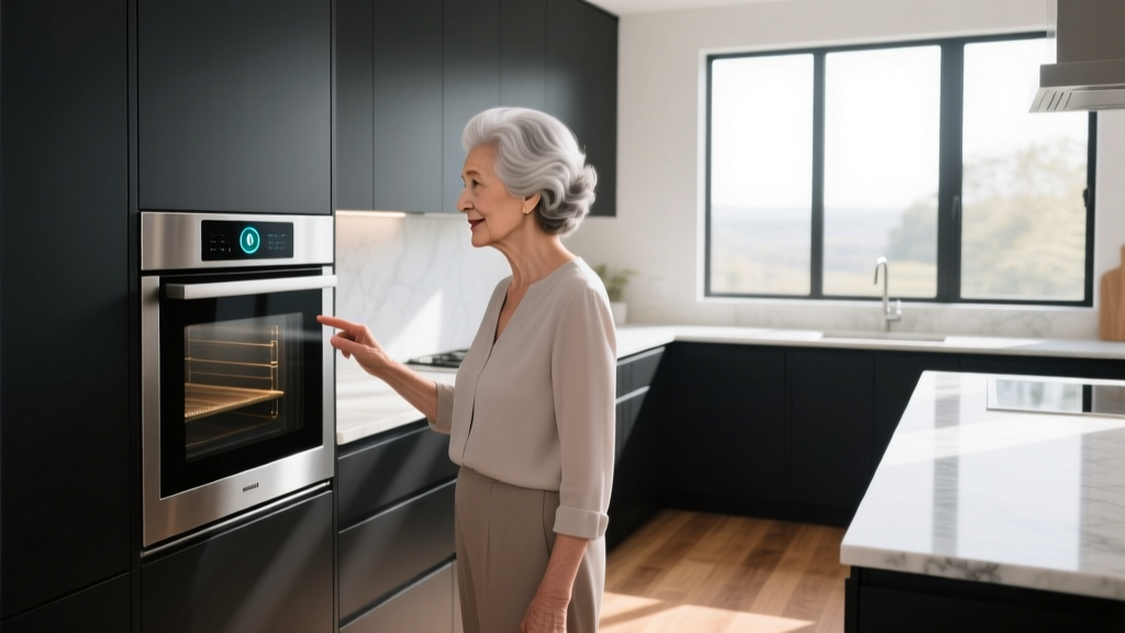 Senior woman with silver hair using a voice-activated smart oven interface in a brightly lit modern kitchen with matte black cabinetry