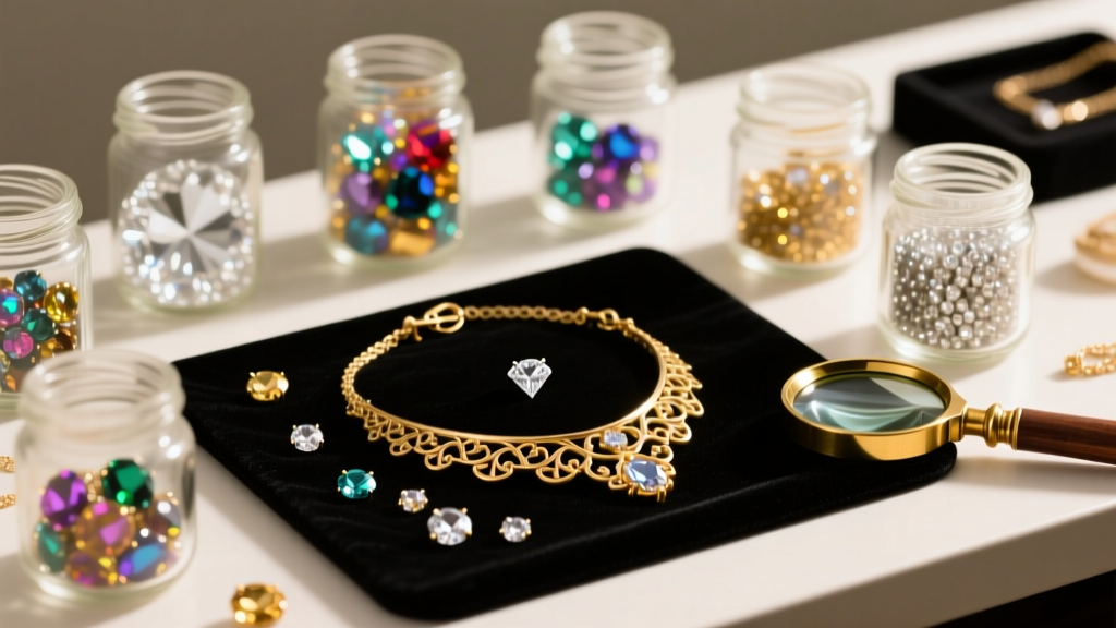 Jeweler workbench showing glass jars of replacement chaton rhinestones, a loupe, and a disassembled vintage gold necklace.