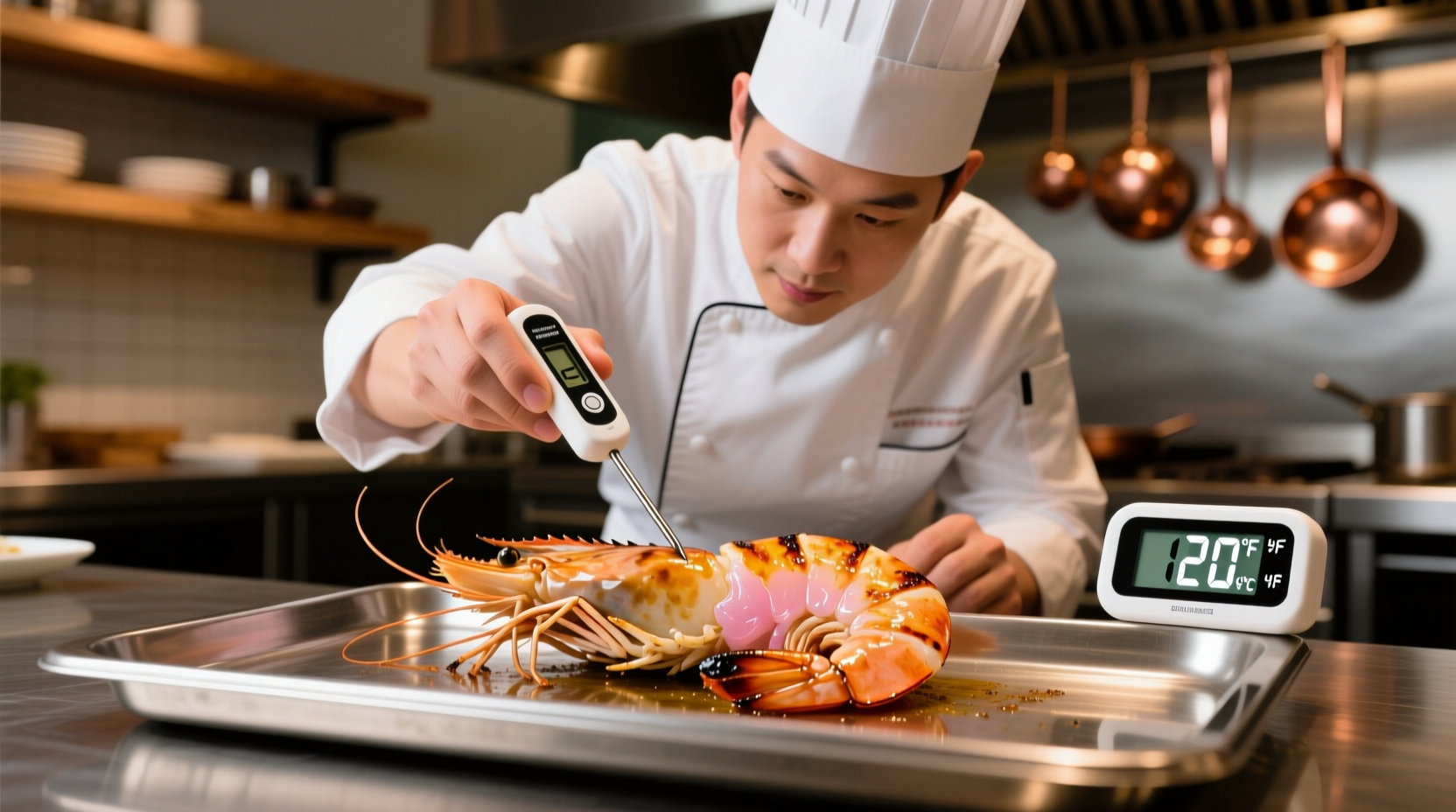 Chef checking shrimp doneness with thermometer