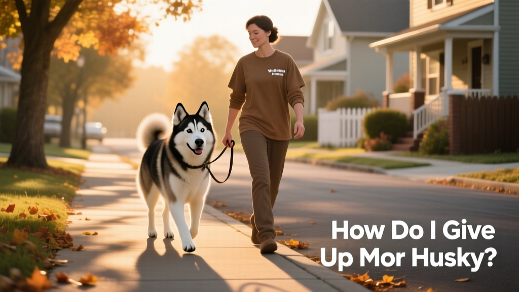 A volunteer gently walking a Husky on a quiet neighborhood street during golden-hour light