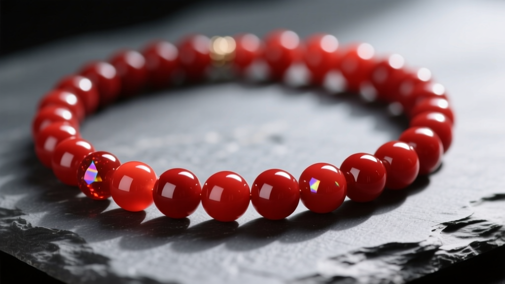 Close-up of a luxurious natural oxblood red coral necklace with smooth, highly polished round beads resting on dark gray slate.