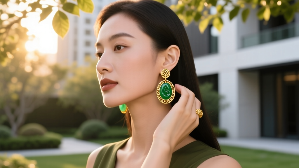 Woman wearing carved nephrite jade and 22k gold statement hoop earrings, photographed in soft, natural golden hour sunlight.