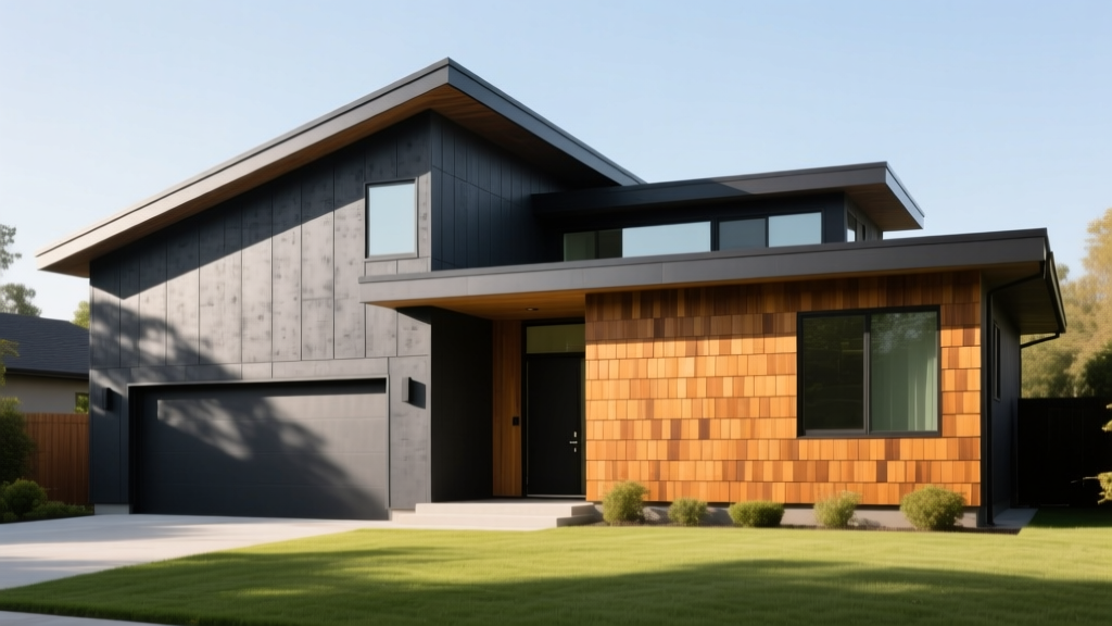 Modern house exterior featuring charcoal fiber cement lap siding and warm cedar wood shingle accents under bright natural sunlight