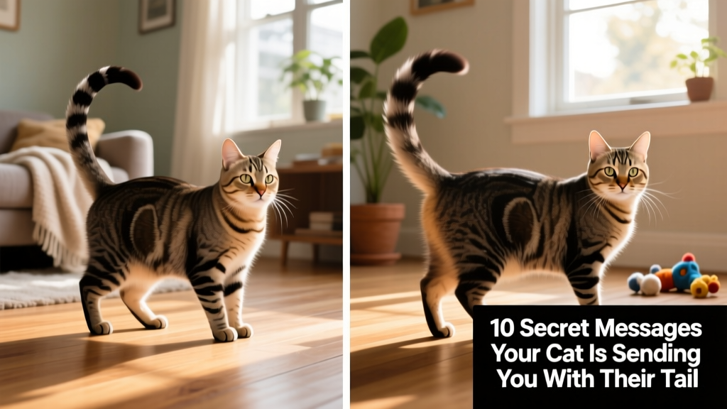 Side-by-side illustrations showing subtle differences between a relaxed tail swish and a rapid tail flick