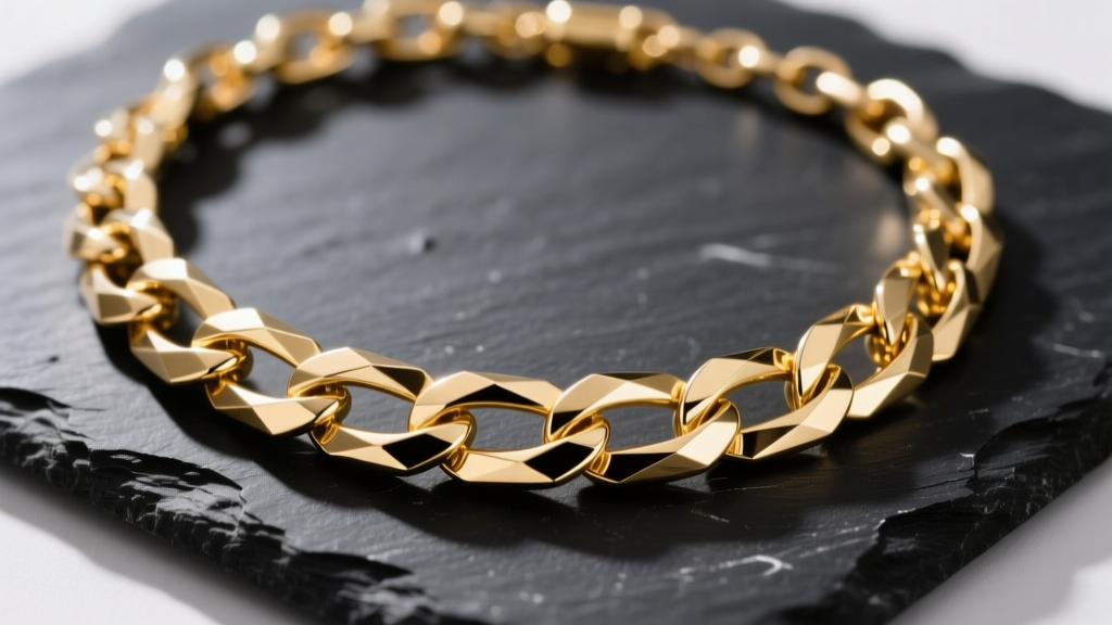Macro shot of a 14k gold cause and effect chain necklace on dark slate, highlighting the alternating geometric link structure
