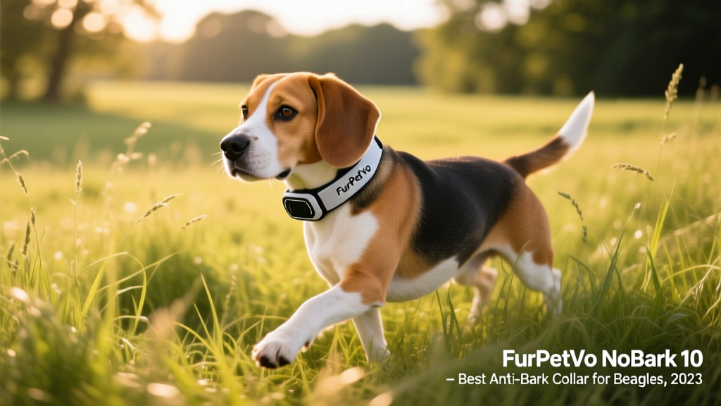 Beagle wearing the FurPetVo NoBark 10 collar while trotting confidently through tall grass