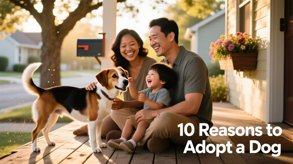 A joyful family sitting on a porch with their newly adopted mixed-breed dog, all smiling and relaxed