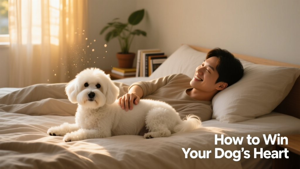 A small white dog resting peacefully beside a person on a bed, both relaxed and connected