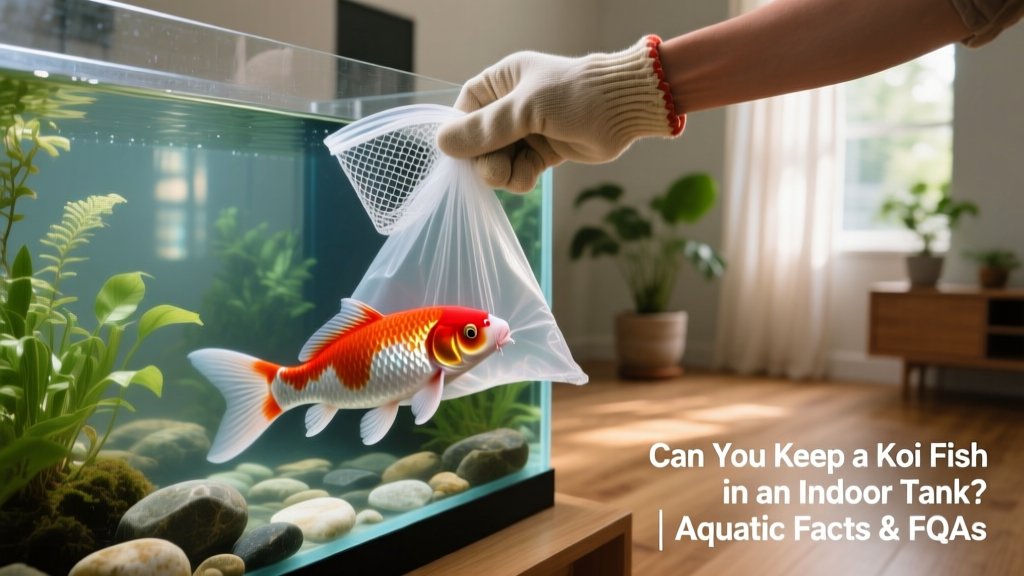 A hand carefully scooping a koi from a floating plastic bag into a large indoor aquarium using a soft mesh net