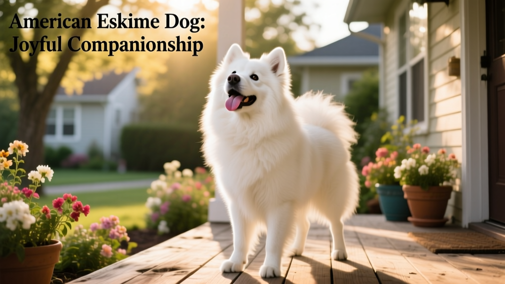 american eskimo dog looking up at the camera with her tongue out