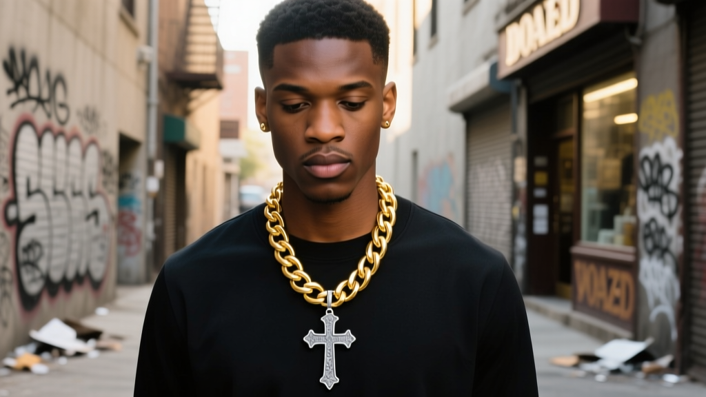 Man wearing a 14mm 18k gold Cuban chain layered with an oxidized silver cross pendant against a blurred urban streetwear backdrop