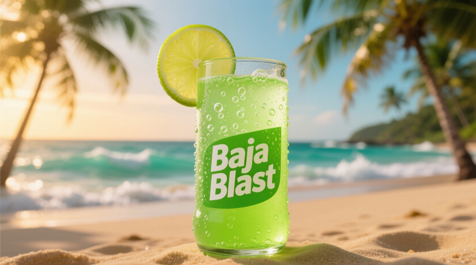 Baja Blast tropical lime soda in clear glass