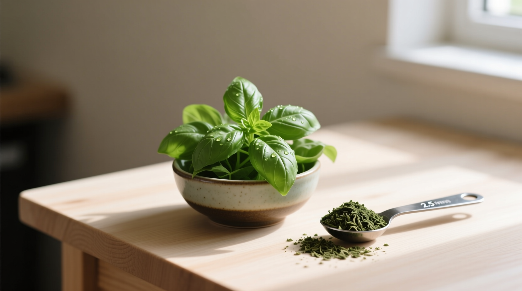 Summer basil harvest conversion: 1/2 cup fresh leaves shrinks to 2.5 tablespoons dried during peak season for accurate cooking
