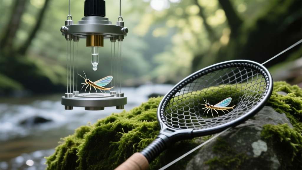 Close-up of a magnetic dropper rigging station holding micro-nymphs next to a carbon fiber fly fishing net on a mossy river rock