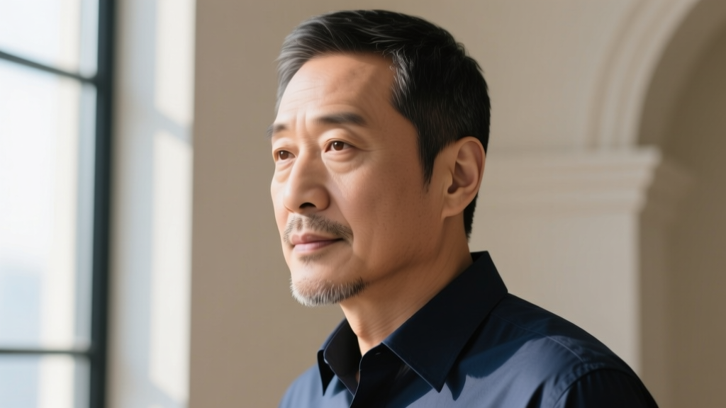 Profile of a man's earlobe wearing an 8mm dark grey Tahitian pearl stud set in matte black titanium under moody studio lighting