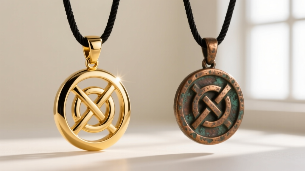 Side-by-side comparison of a polished 14k gold valknut pendant and an antiqued bronze valknut pendant showing distinct textures