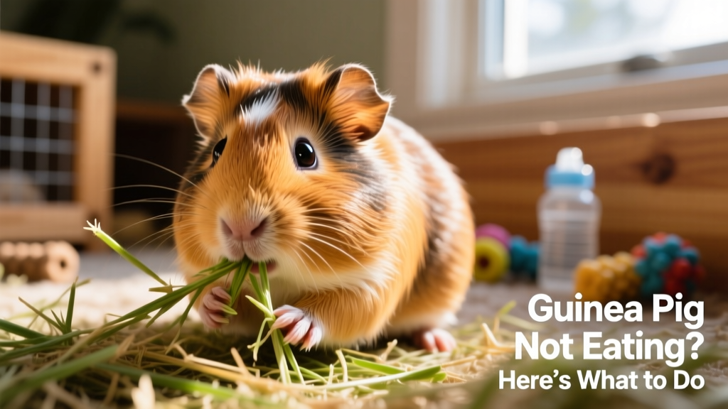 Close-up of a healthy guinea pig nibbling fresh timothy hay