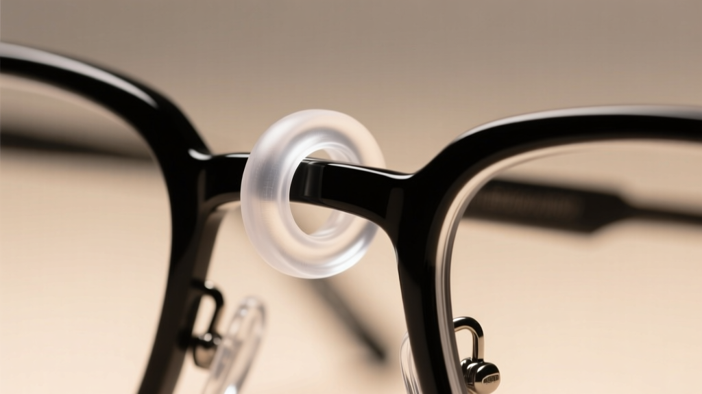 Macro shot of clear silicone loop grip holding temple tip of black metal eyeglass frame, soft blurred background, studio lighting