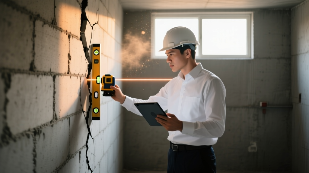 Structural engineer inspecting a cracked concrete block basement wall with a laser level and tablet in a dimly lit utility room