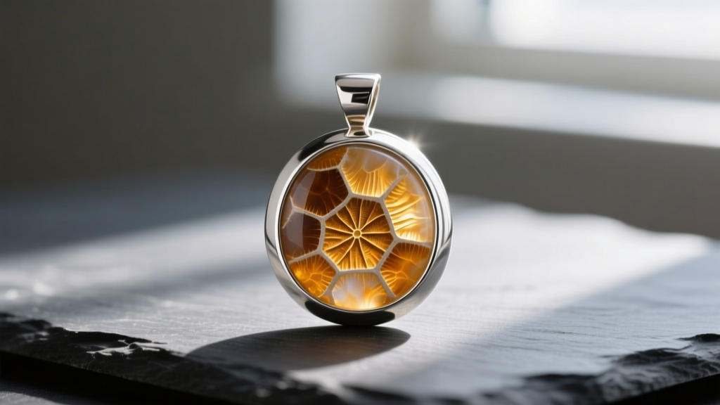 High-polish petoskey stone pendant in a thick sterling silver bezel resting on dark slate under soft directional lighting.