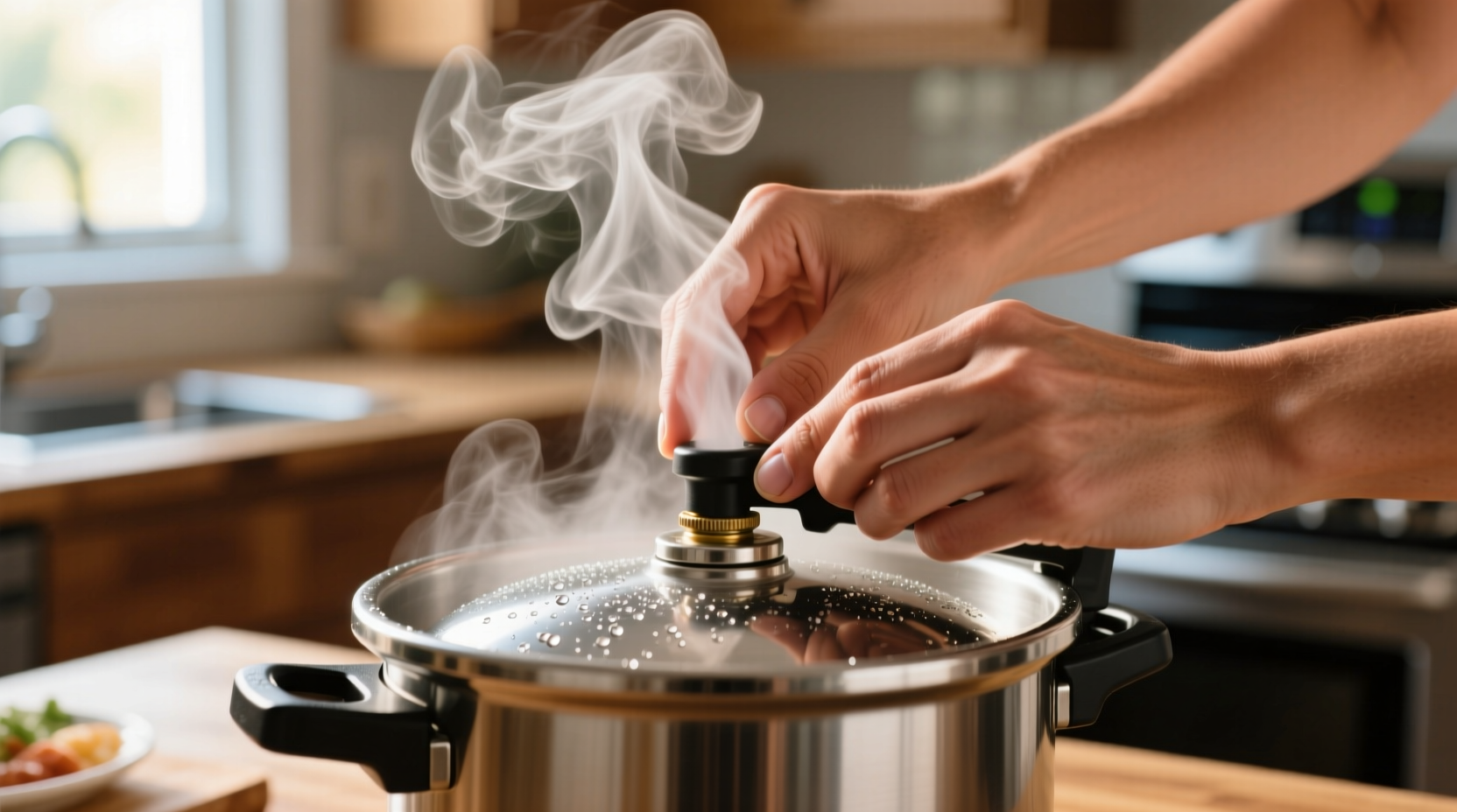 Hands safely releasing pressure cooker steam
