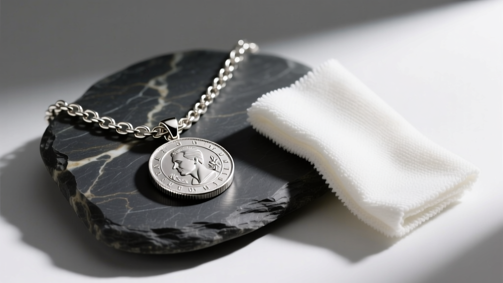 Heavy 3mm sterling box chain supporting a large silver coin pendant on dark slate stone next to a microfiber polishing cloth.