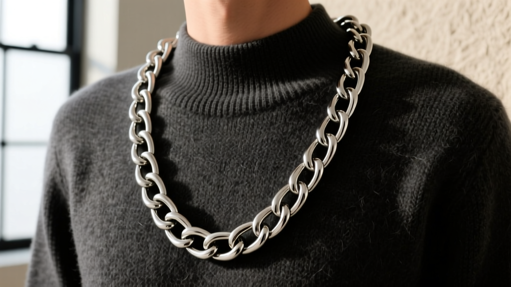 Thick stainless steel 30 inch Cuban link chain worn over a dark sweater, showing how heavier gauges prevent bouncing and snagging