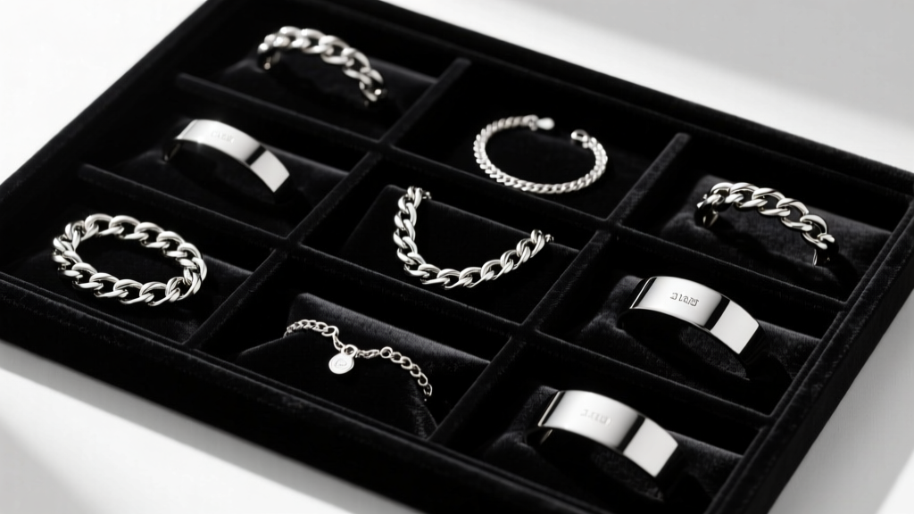 A neatly organized matte black velvet jewelry tray containing various polished 316l stainless steel chains and cuffs, each placed in individual soft fabric slots to prevent scratching, shot from a top-down perspective