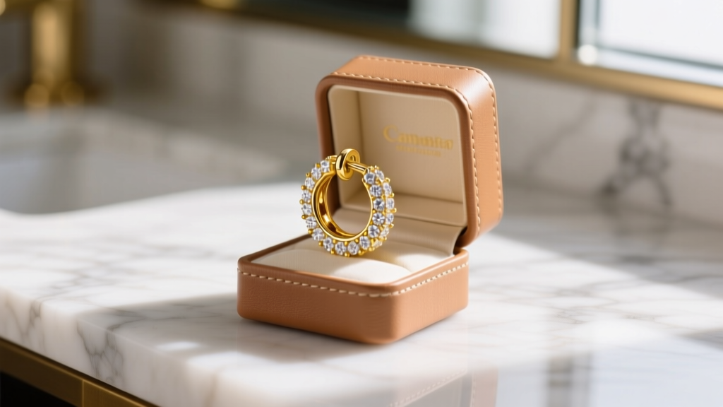 Close-up of a 14k yellow gold diamond pavé huggie earring being placed into a small leather gift box on a marble vanity surface