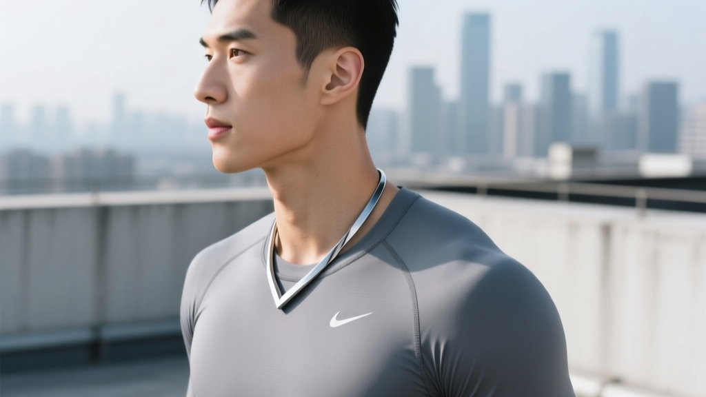 Side profile of male athlete wearing a minimalist titanium sports necklace under a grey moisture-wicking compression shirt