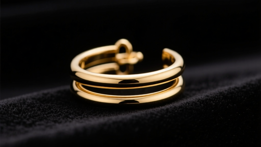 Minimalist 18k gold helix ear cuff resting on dark velvet, soft studio lighting highlighting the micro-hinge tension mechanism.